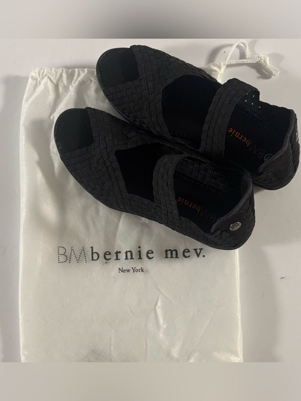 Bernie Mev Black Woven Stretch Peep Toe Flats EU 37 Comfort Walking Shoes